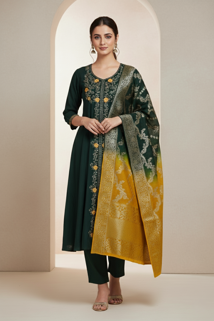 Premium Chanderi Jacquard Vertican Dobby Slub A-Line Kurti Set - Forest Green
