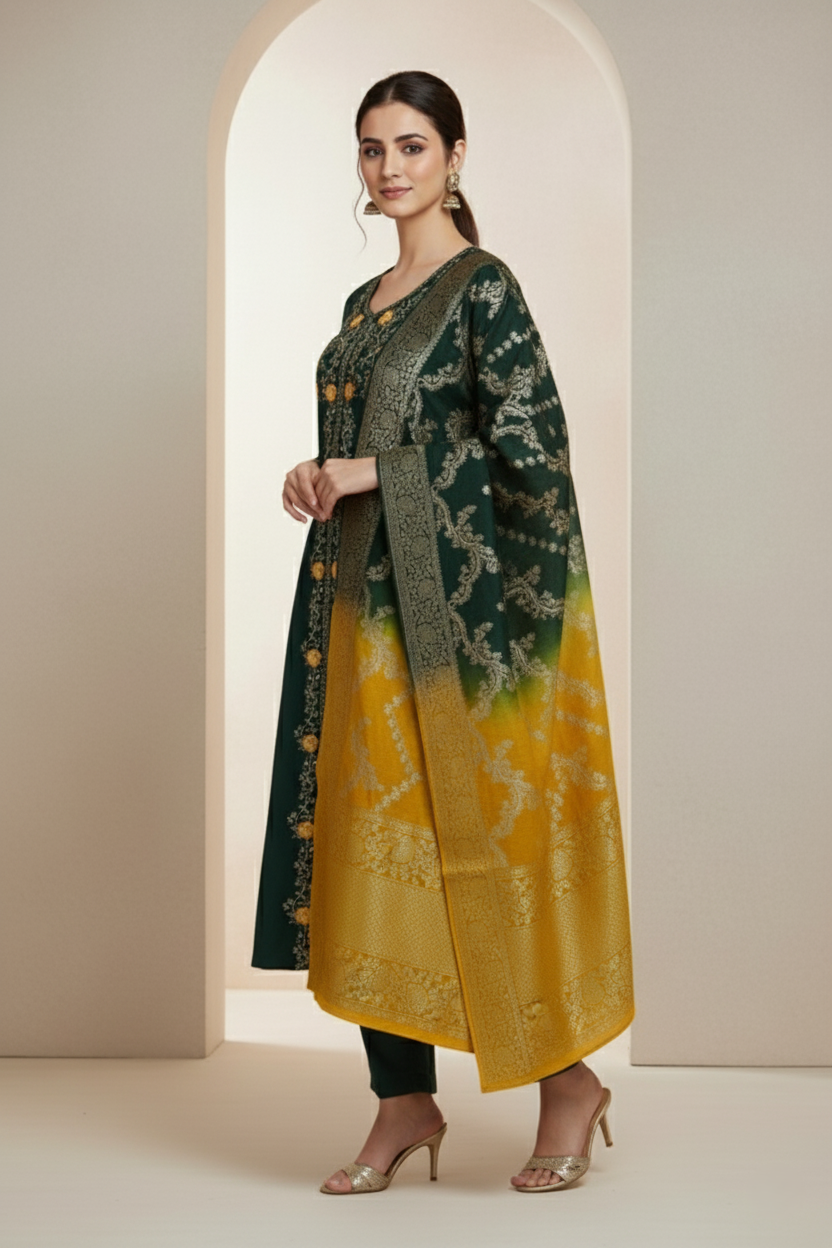 Premium Chanderi Jacquard Vertican Dobby Slub A-Line Kurti Set - Forest Green