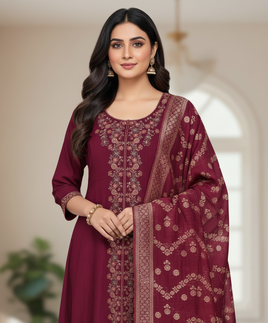 Premium Chanderi Jacquard Vertican Dobby Slub A-Line Kurti Set - Maroon