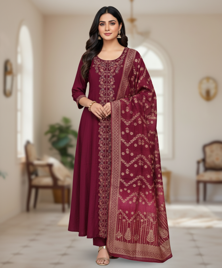 Premium Chanderi Jacquard Vertican Dobby Slub A-Line Kurti Set - Maroon