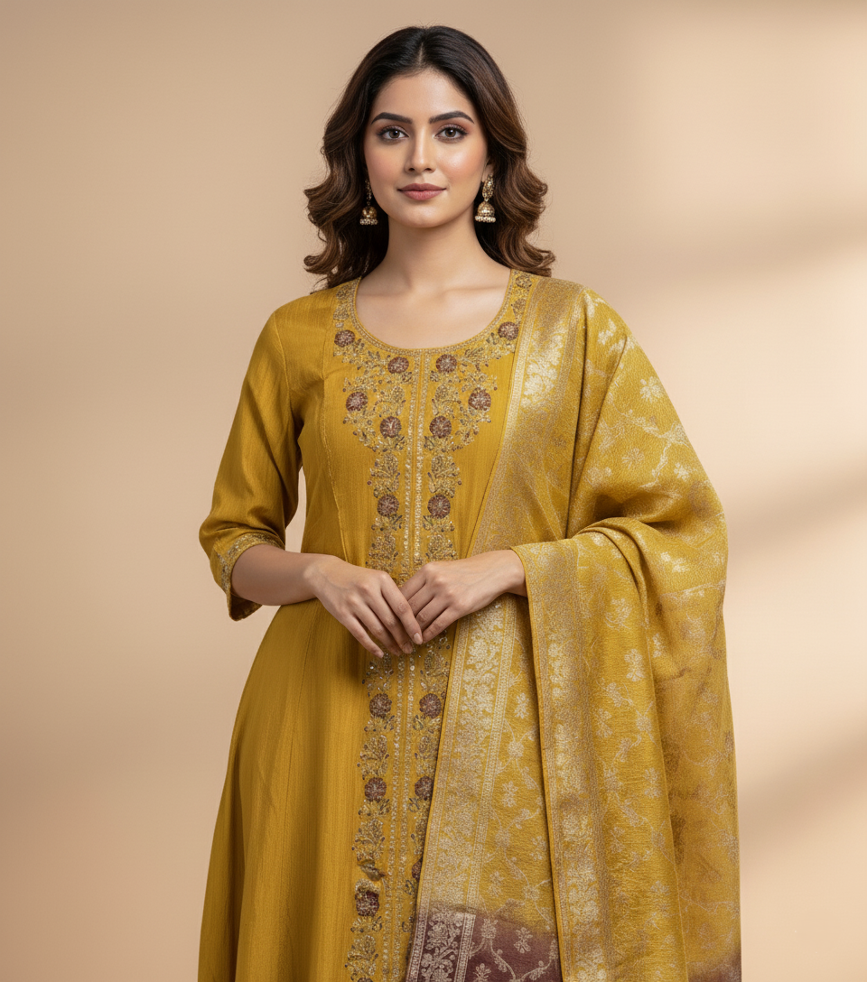 Premium Chanderi Jacquard Vertican Dobby Slub A-Line Kurti Set - Mustard