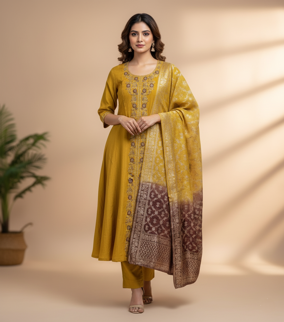 Premium Chanderi Jacquard Vertican Dobby Slub A-Line Kurti Set - Mustard