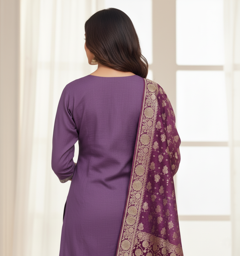 Premium Chanderi Jacquard Vertican Dobby Slub A-Line Kurti Set - Purple