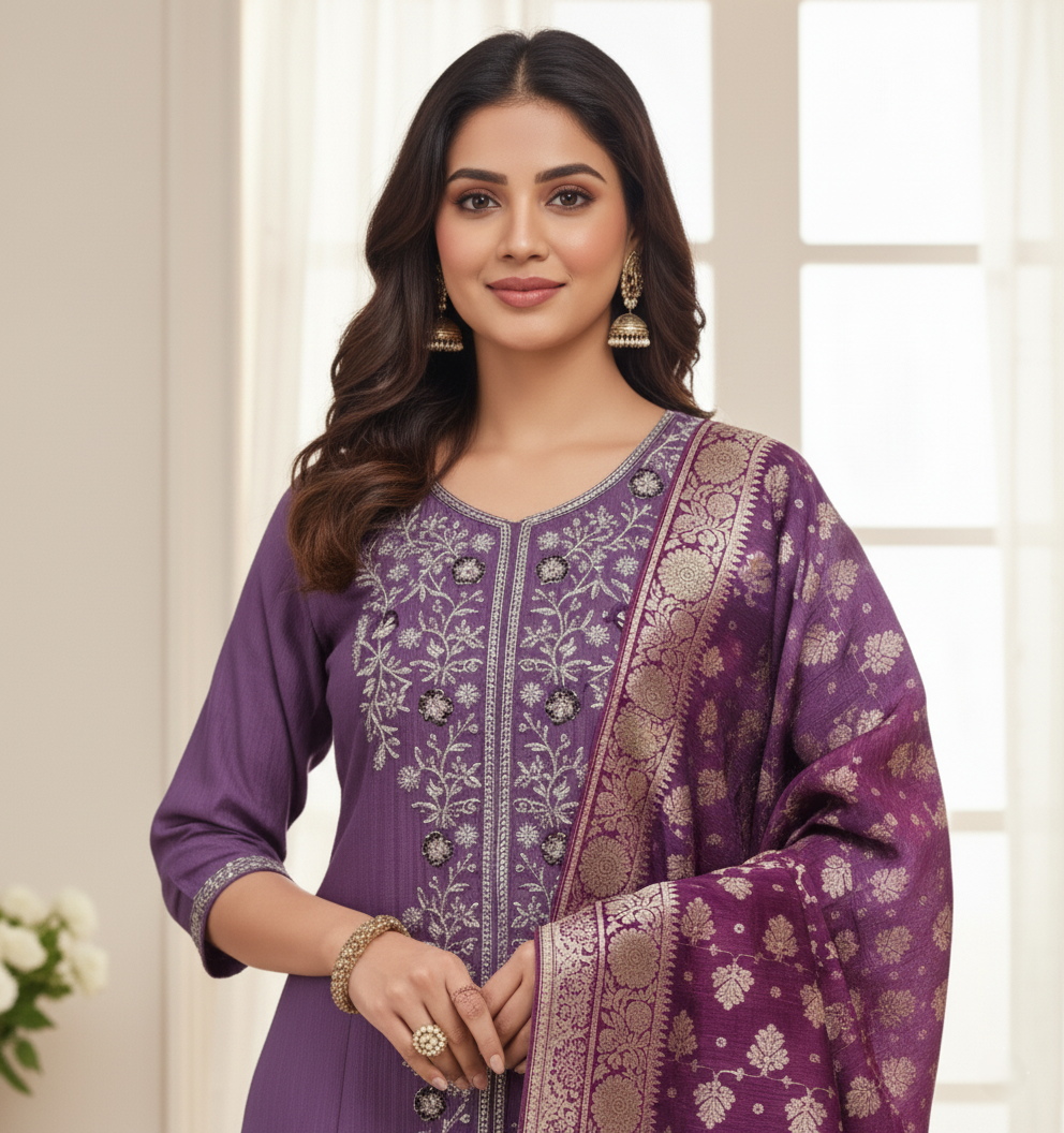 Premium Chanderi Jacquard Vertican Dobby Slub A-Line Kurti Set - Purple