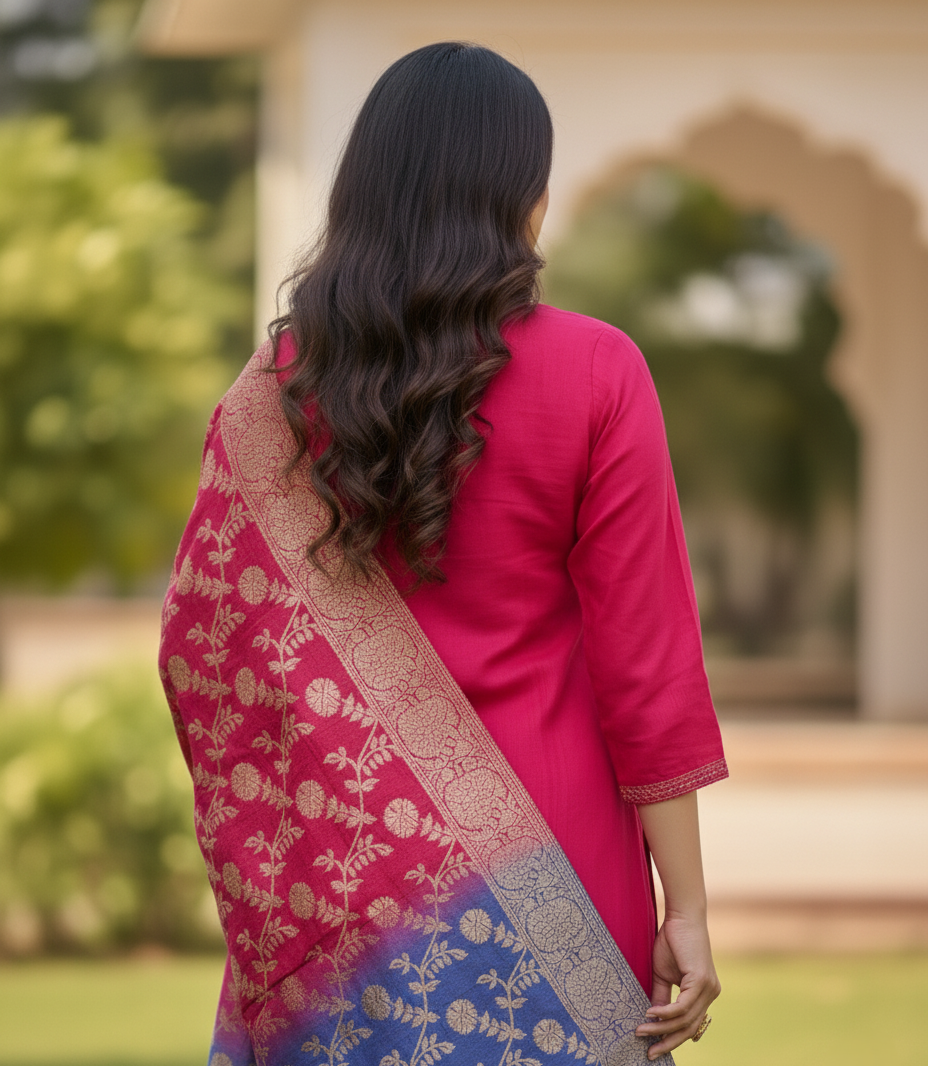 Premium Chanderi Jacquard Vertican Dobby Slub A-Line Kurti Set - Red