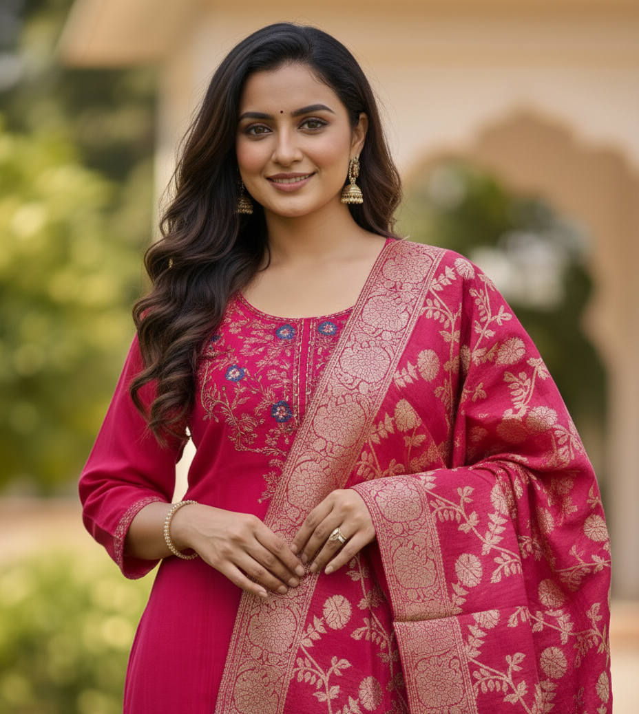 Premium Chanderi Jacquard Vertican Dobby Slub A-Line Kurti Set - Red