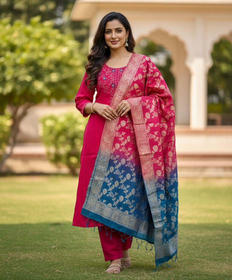 Premium Chanderi Jacquard Vertican Dobby Slub A-Line Kurti Set - Red