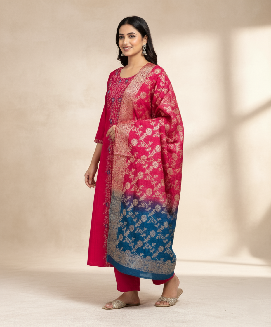 Premium Chanderi Jacquard Vertican Dobby Slub A-Line Kurti Set - Red