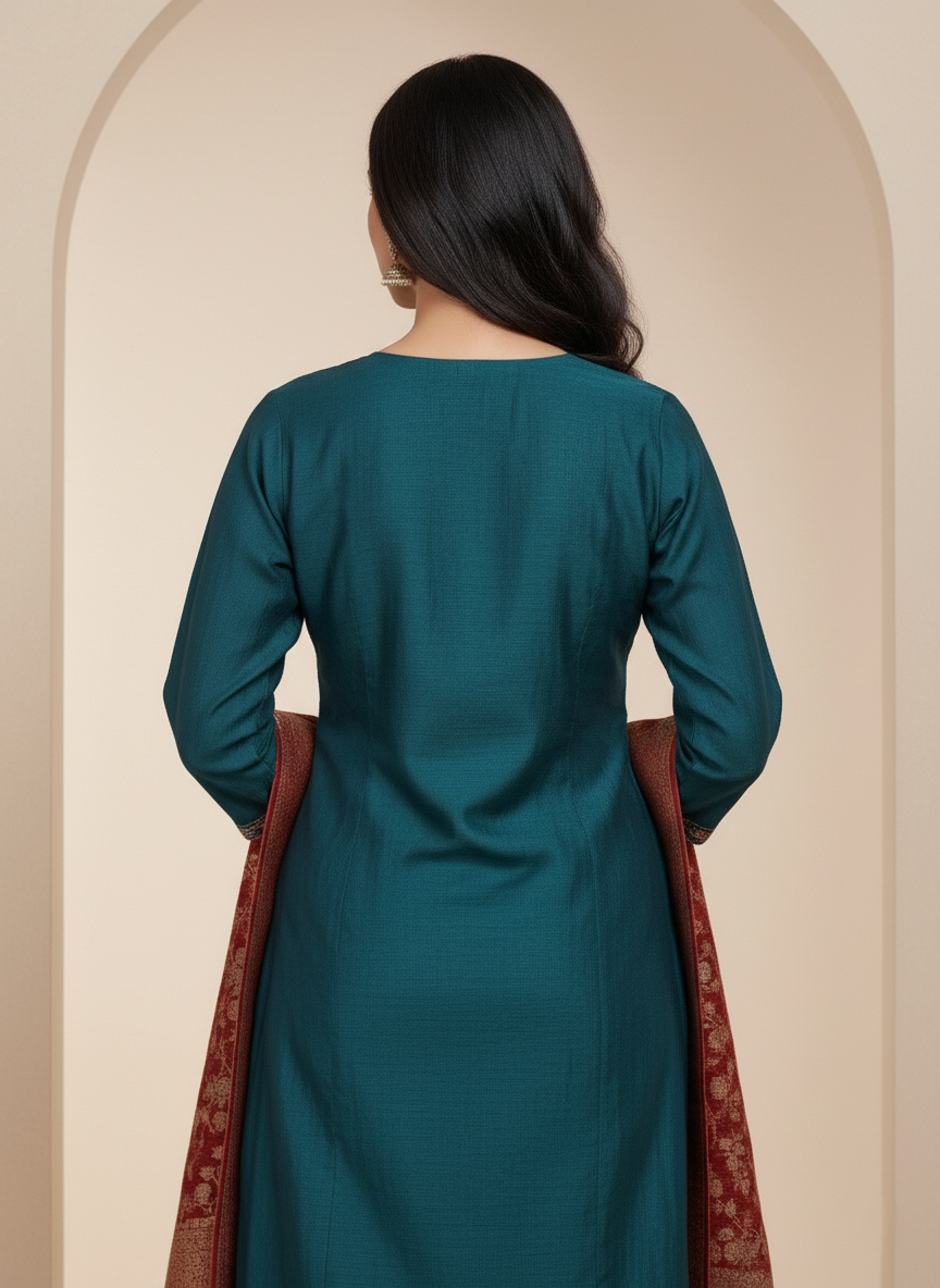 Premium Chanderi Jacquard Vertican Dobby Slub A-Line Kurti Set - Teal Blue