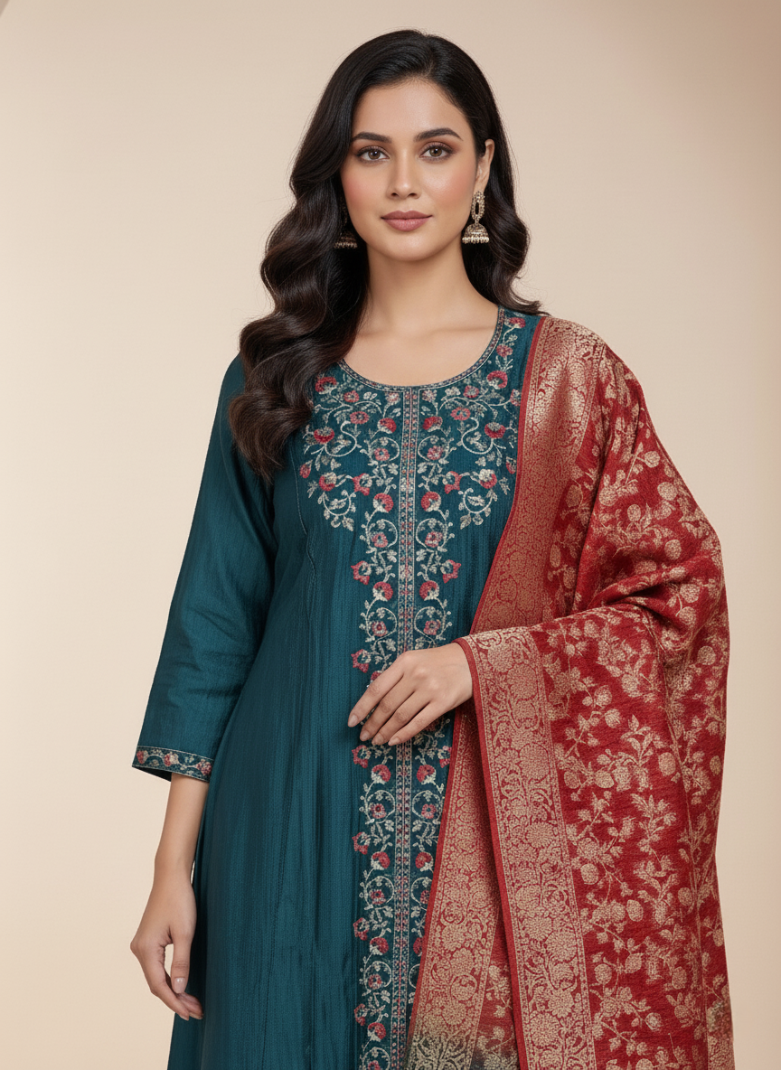 Premium Chanderi Jacquard Vertican Dobby Slub A-Line Kurti Set - Teal Blue