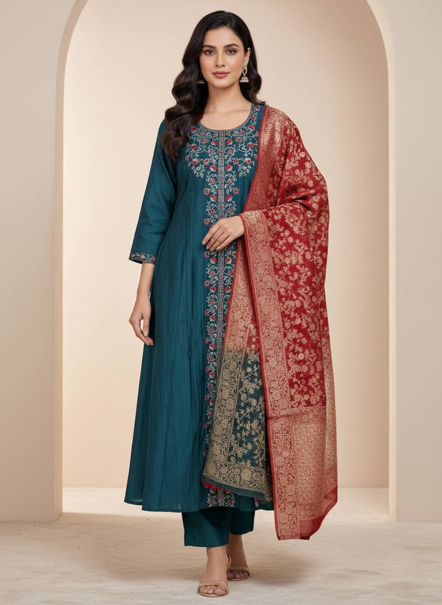Premium Chanderi Jacquard Vertican Dobby Slub A-Line Kurti Set - Teal Blue