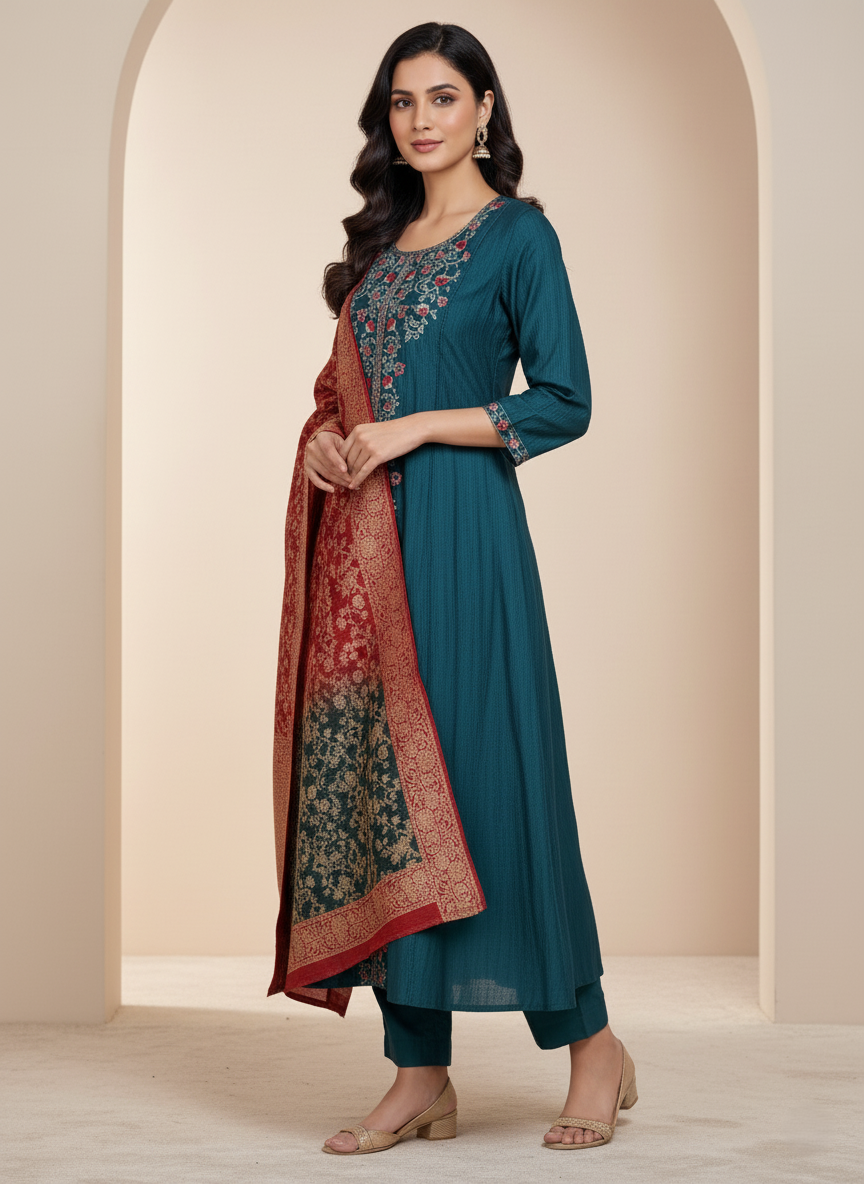 Premium Chanderi Jacquard Vertican Dobby Slub A-Line Kurti Set - Teal Blue
