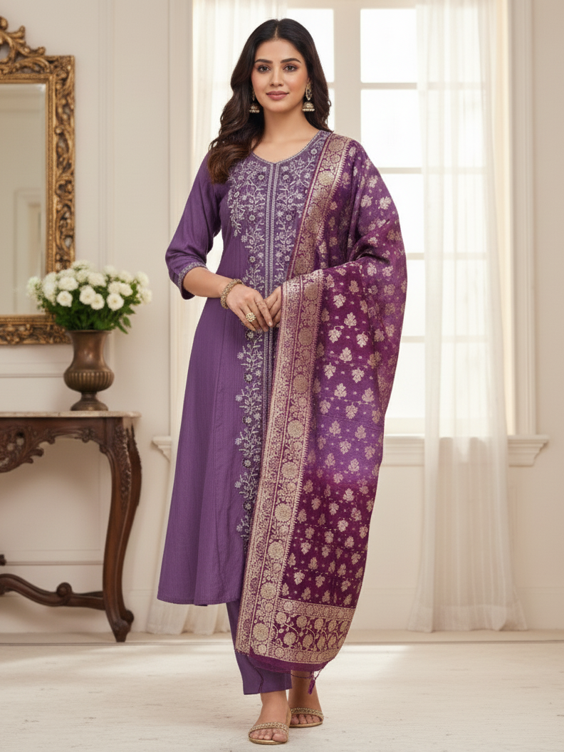 Premium Chanderi Jacquard Vertican Dobby Slub A-Line Kurti Set - Purple