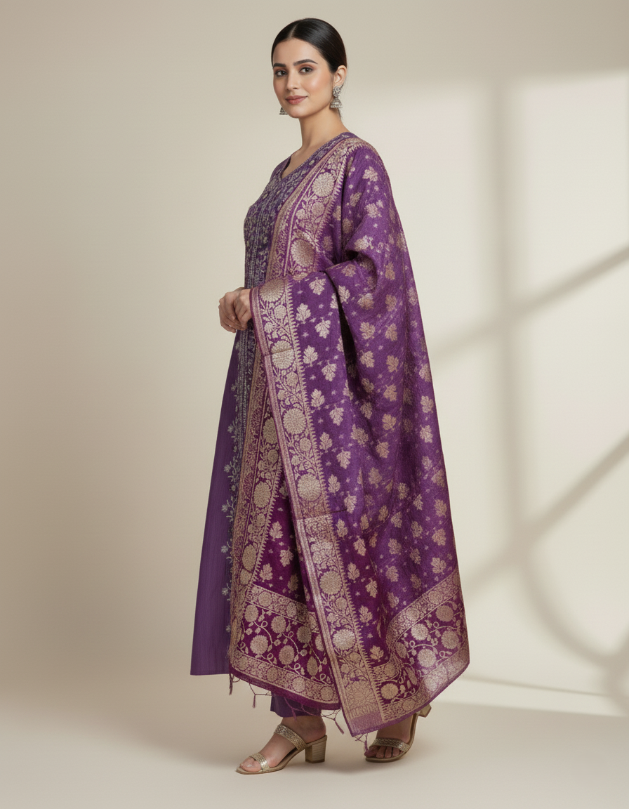 Premium Chanderi Jacquard Vertican Dobby Slub A-Line Kurti Set - Purple