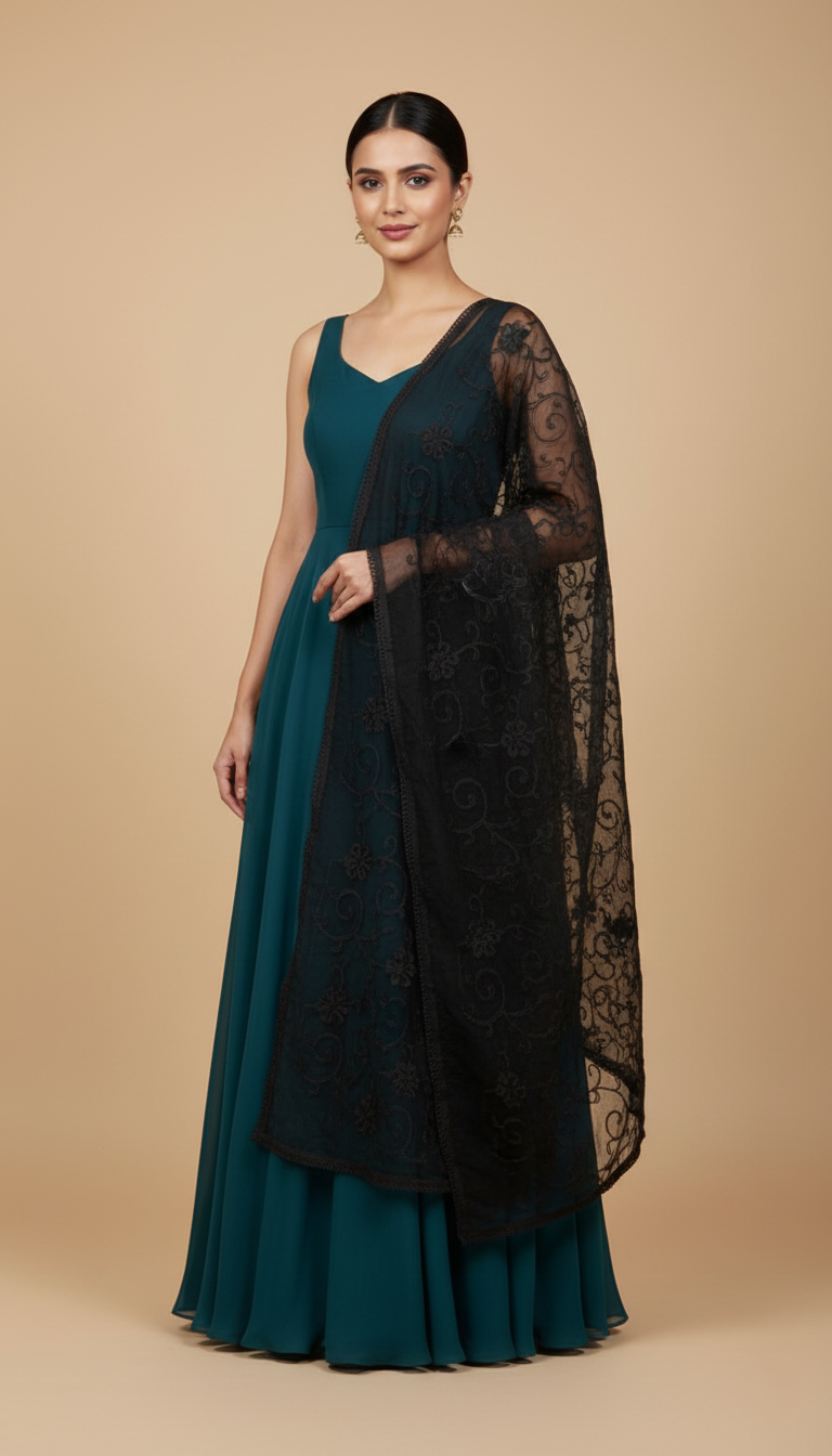 Cotton Threadwork Embroidered Dupatta - Black