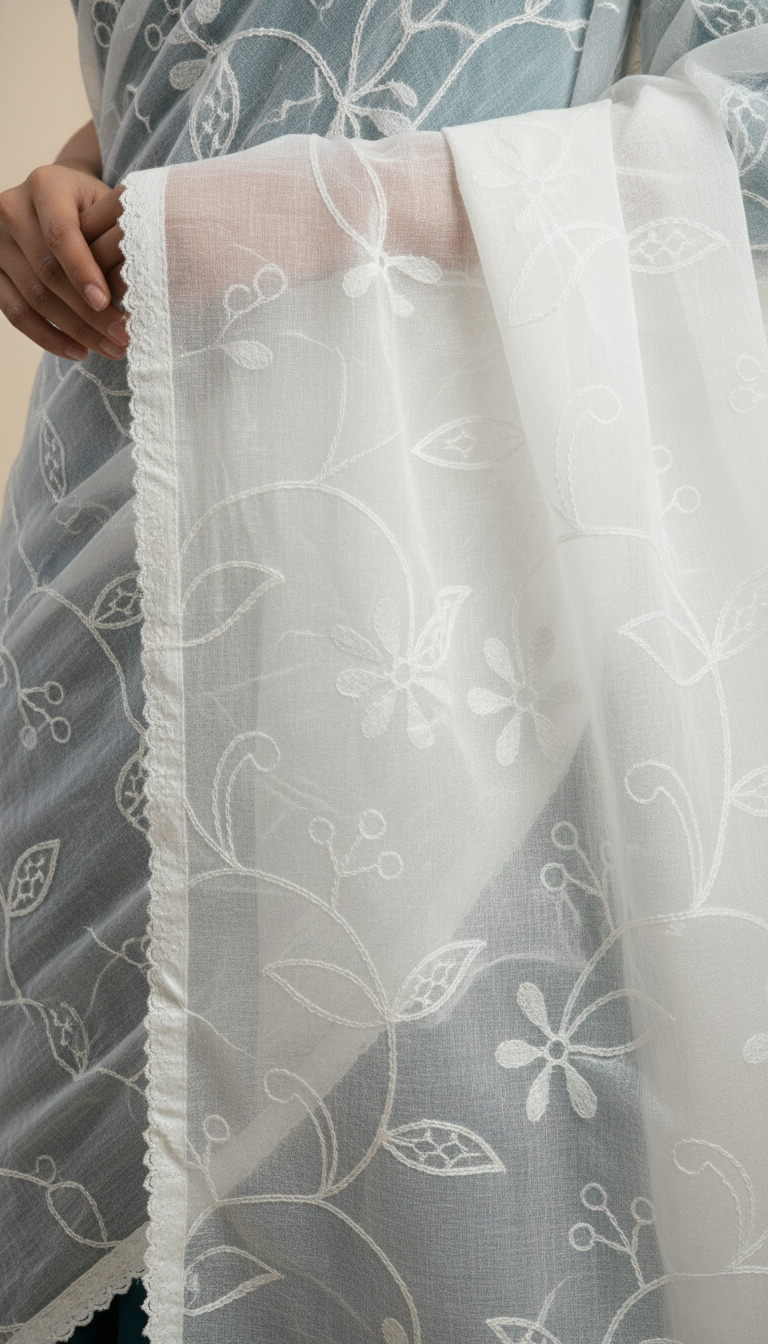 Cotton Threadwork Embroidered Dupatta - White