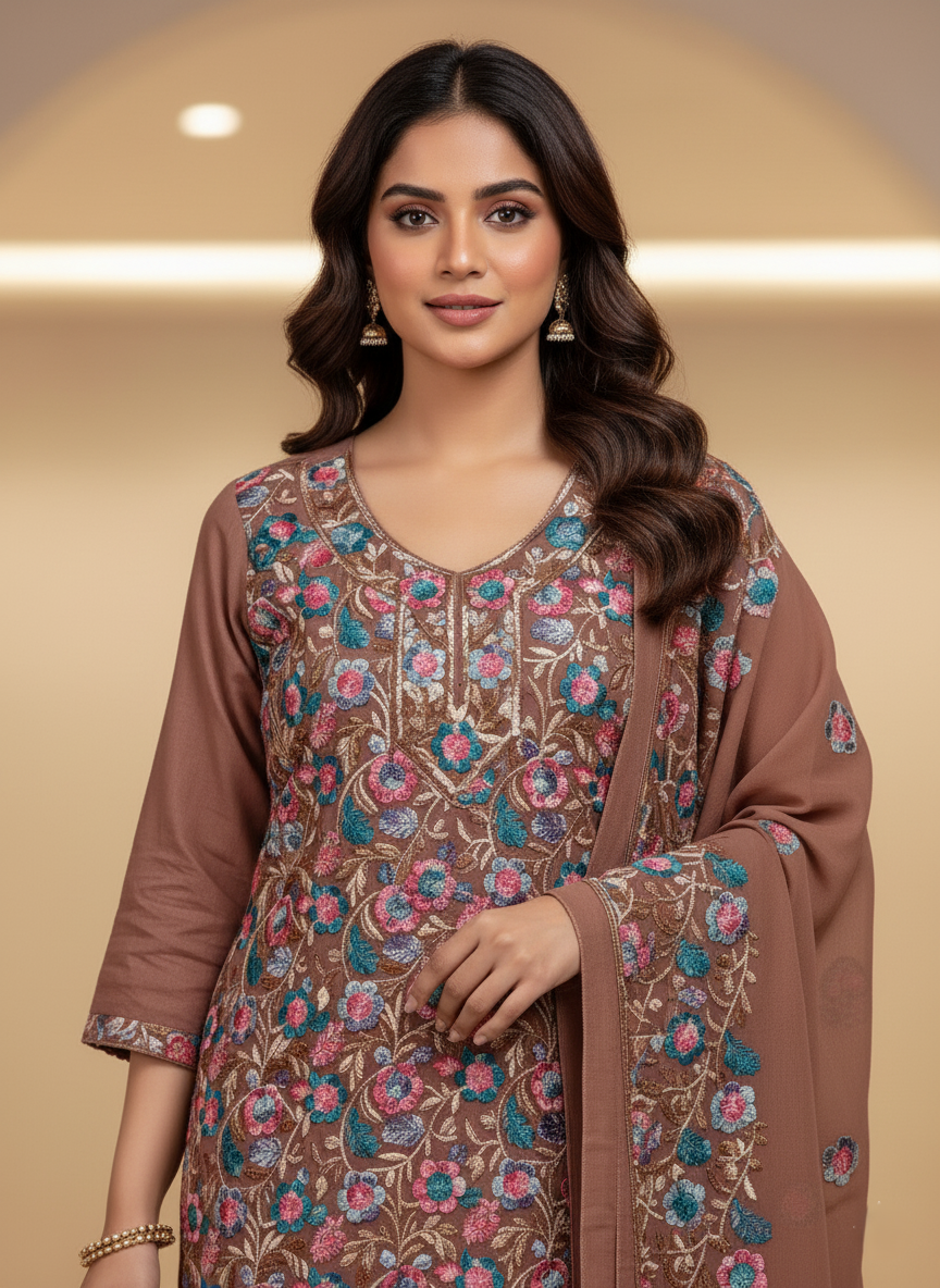 Pure Kashmiri Rayon Lawn Cotton Embroidered Suit - Brown