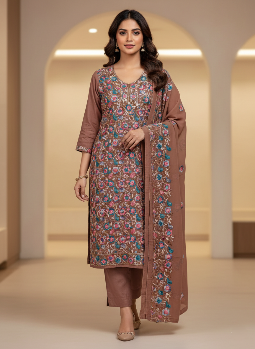 Pure Kashmiri Rayon Lawn Cotton Embroidered Suit - Brown