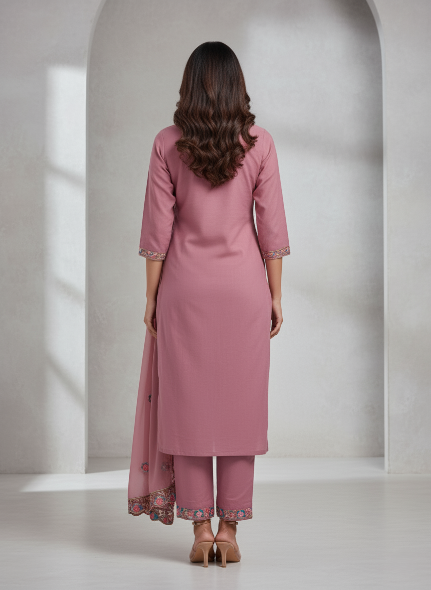 Pure Kashmiri Rayon Lawn Cotton Embroidered Suit - Pink