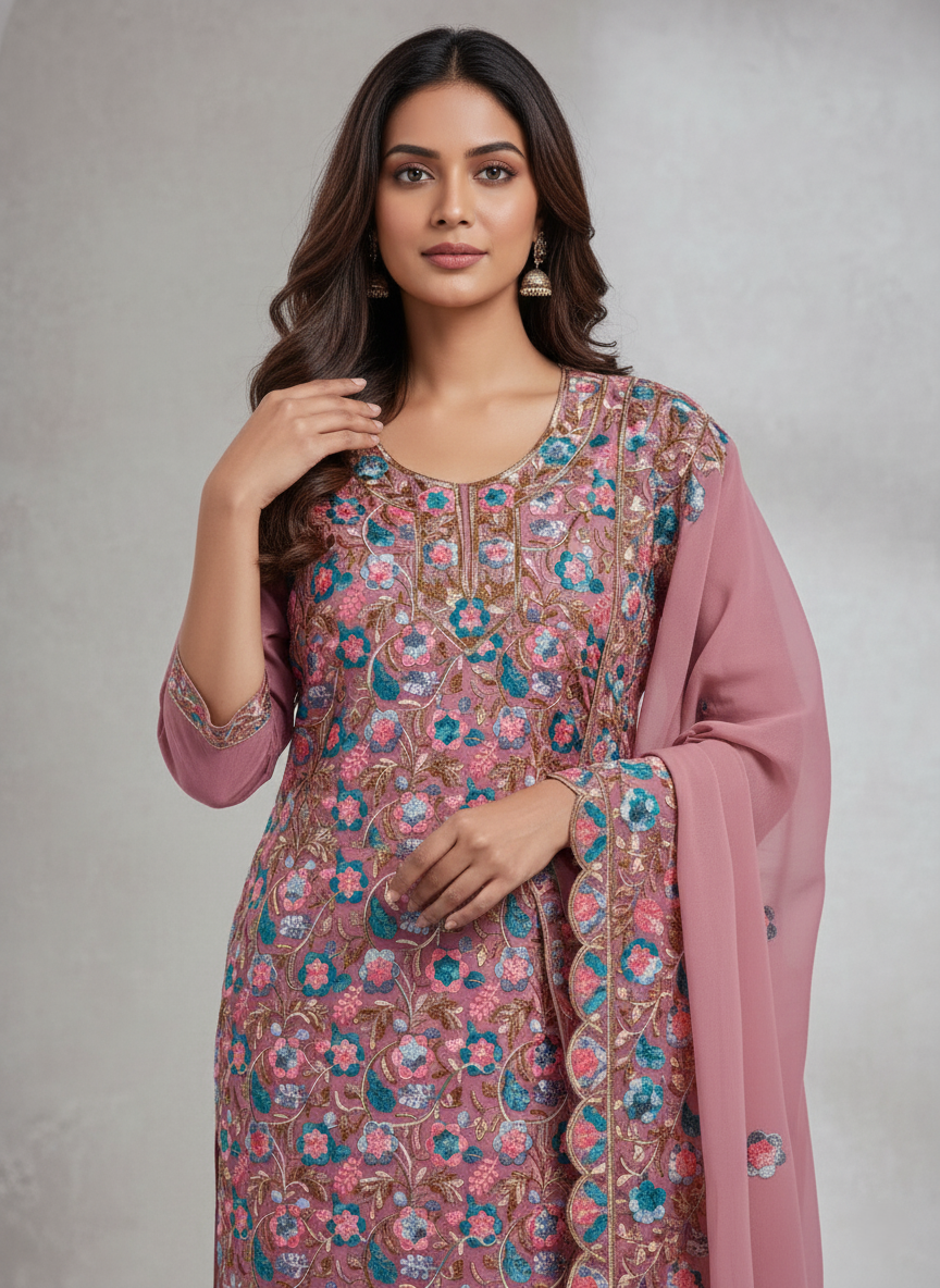 Pure Kashmiri Rayon Lawn Cotton Embroidered Suit - Pink