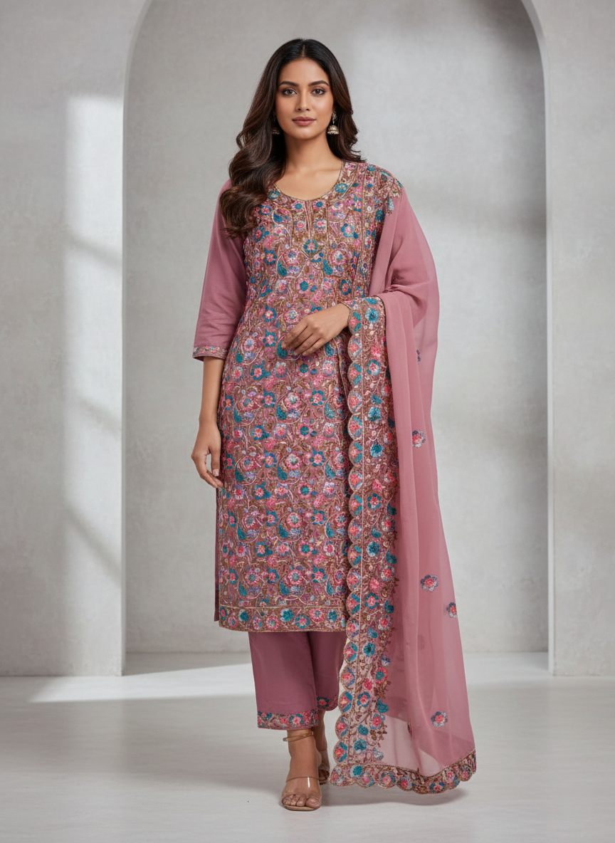 Pure Kashmiri Rayon Lawn Cotton Embroidered Suit - Pink