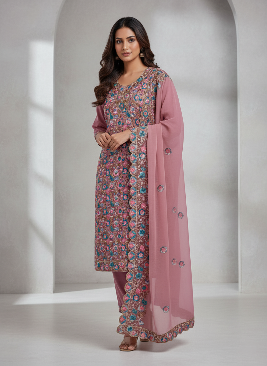Pure Kashmiri Rayon Lawn Cotton Embroidered Suit - Pink