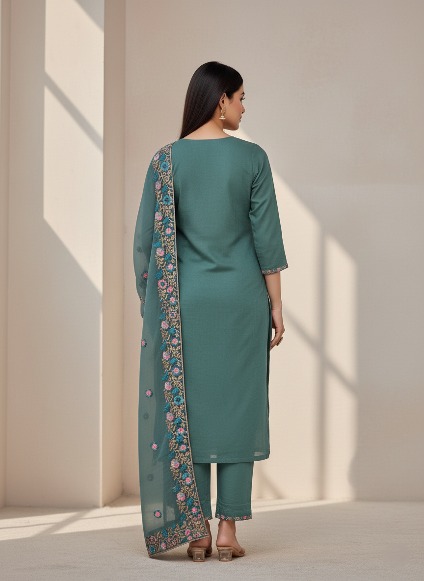 Pure Kashmiri Rayon Lawn Cotton Embroidered Suit - Sea Green