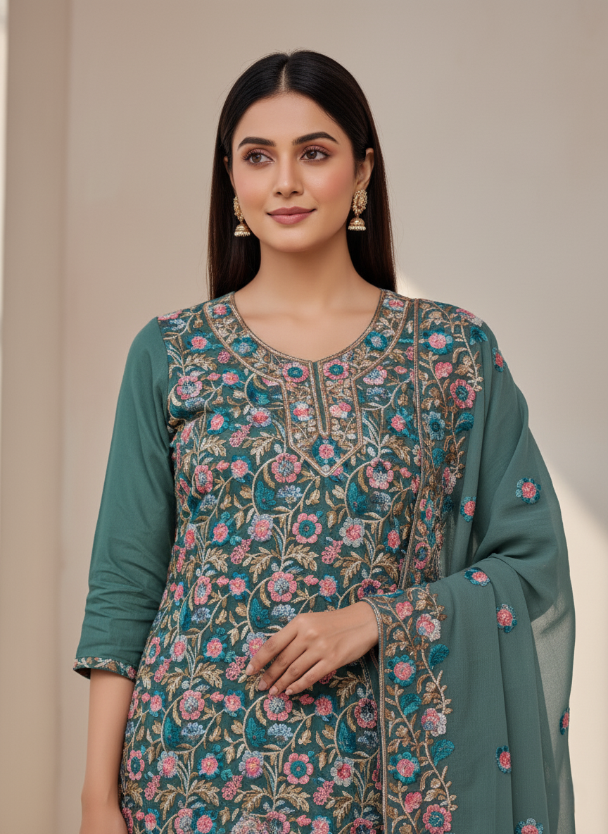Pure Kashmiri Rayon Lawn Cotton Embroidered Suit - Sea Green