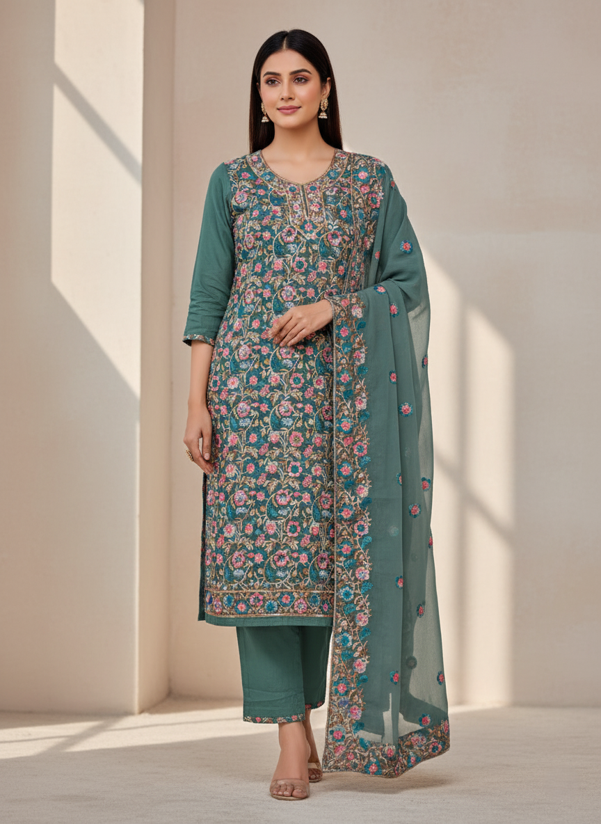 Pure Kashmiri Rayon Lawn Cotton Embroidered Suit - Sea Green