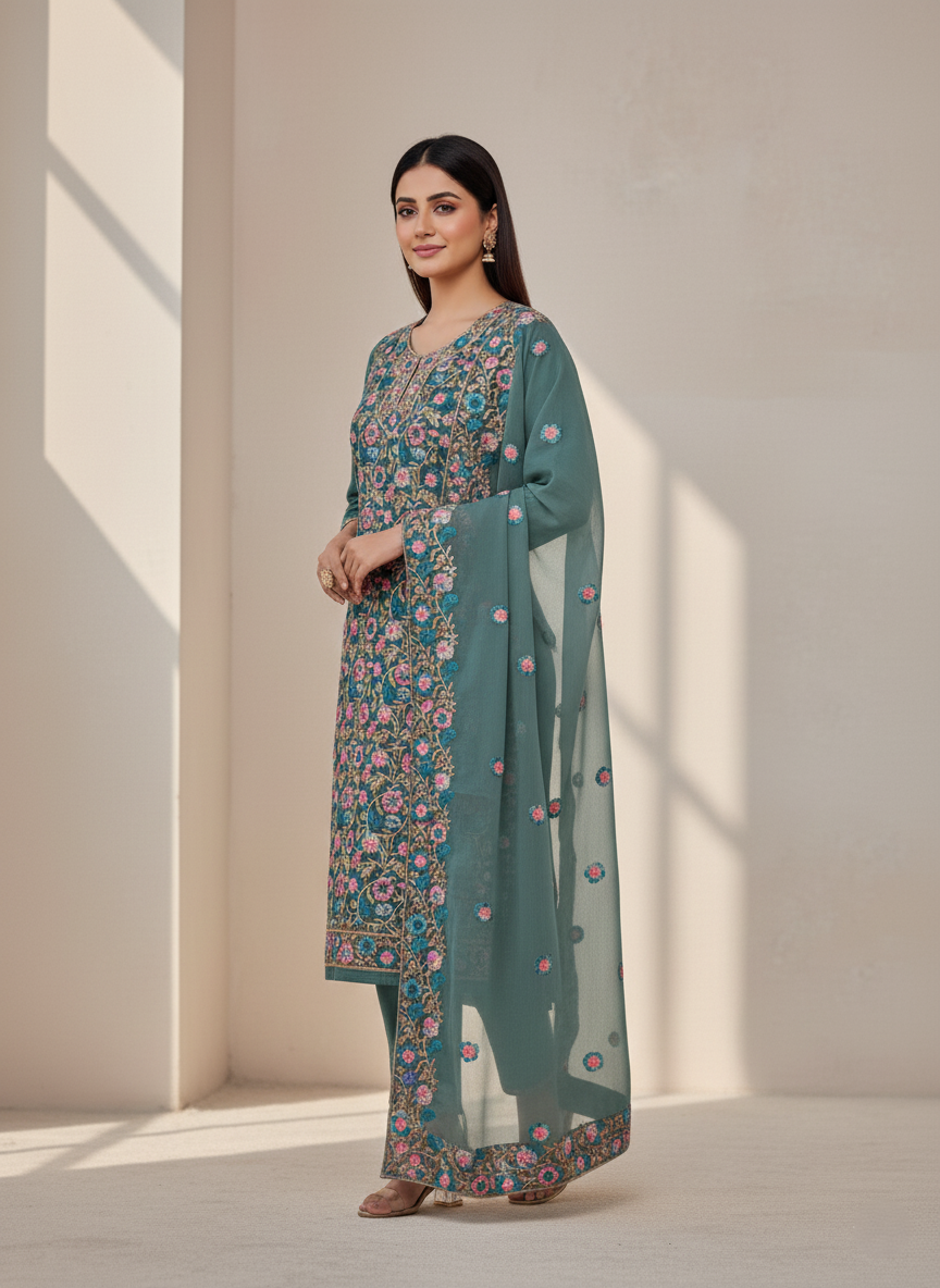 Pure Kashmiri Rayon Lawn Cotton Embroidered Suit - Sea Green