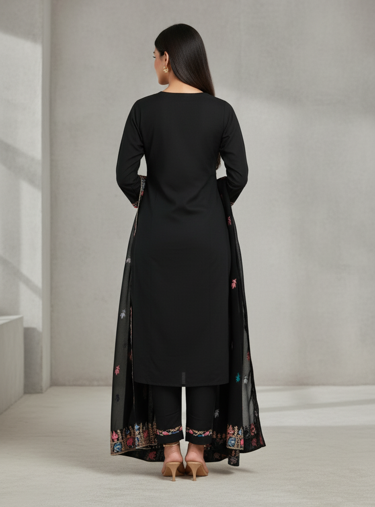 Pure Kashmiri Rayon Lawn Cotton Embroidered Suit - Black