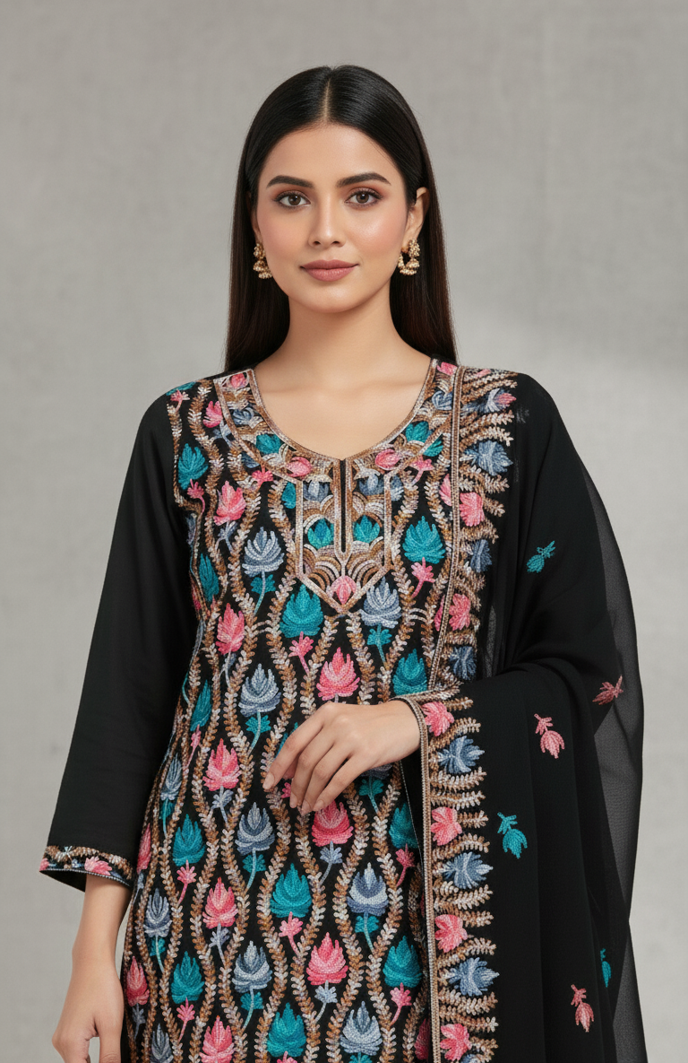 Pure Kashmiri Rayon Lawn Cotton Embroidered Suit - Black