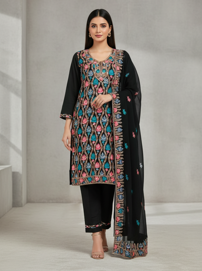 Pure Kashmiri Rayon Lawn Cotton Embroidered Suit - Black