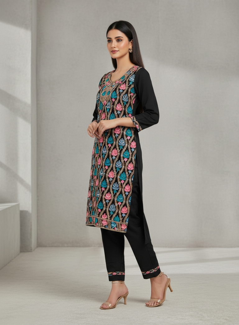 Pure Kashmiri Rayon Lawn Cotton Embroidered Suit - Black