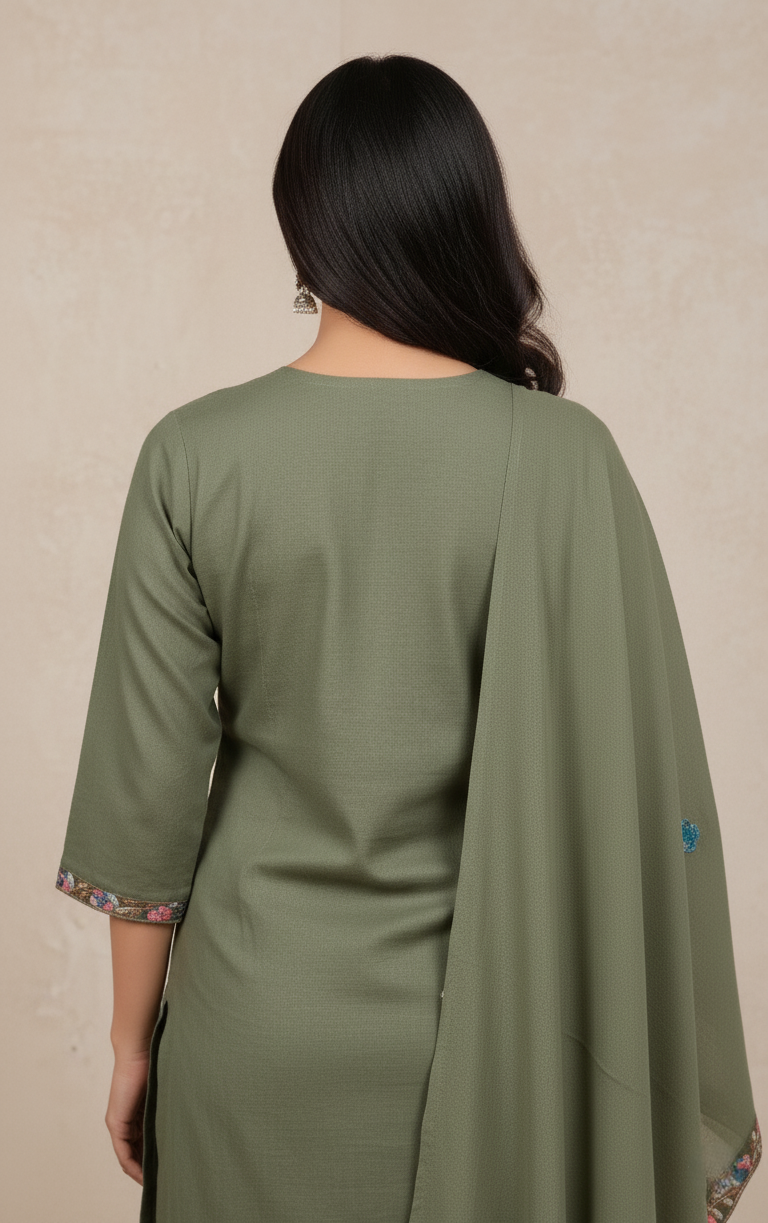 Pure Kashmiri Rayon Lawn Cotton Embroidered Suit - Olive