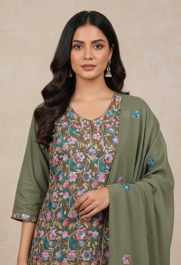 Pure Kashmiri Rayon Lawn Cotton Embroidered Suit - Olive