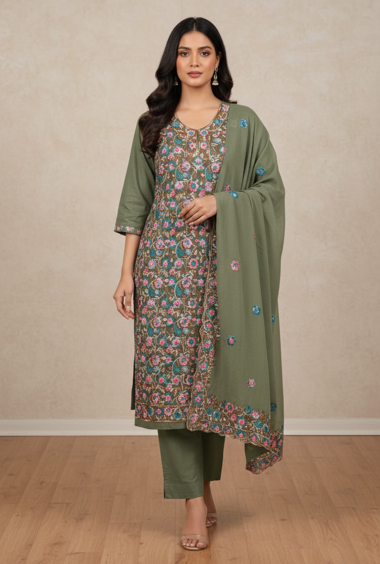 Pure Kashmiri Rayon Lawn Cotton Embroidered Suit - Olive