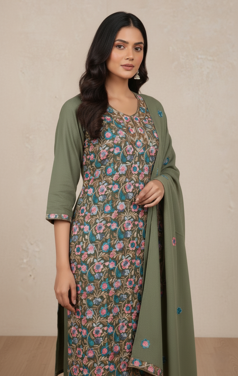 Pure Kashmiri Rayon Lawn Cotton Embroidered Suit - Olive