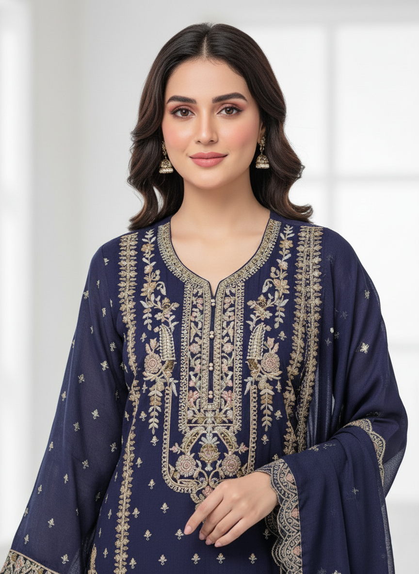 Premium Banarasi Georgette Designer Suit, Heavy Zari Embroidery - Violet