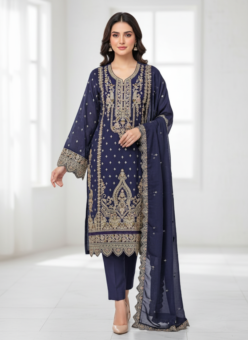 Premium Banarasi Georgette Designer Suit, Heavy Zari Embroidery - Violet