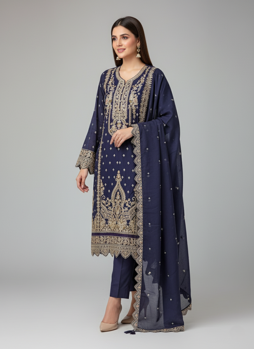 Premium Banarasi Georgette Designer Suit, Heavy Zari Embroidery - Violet