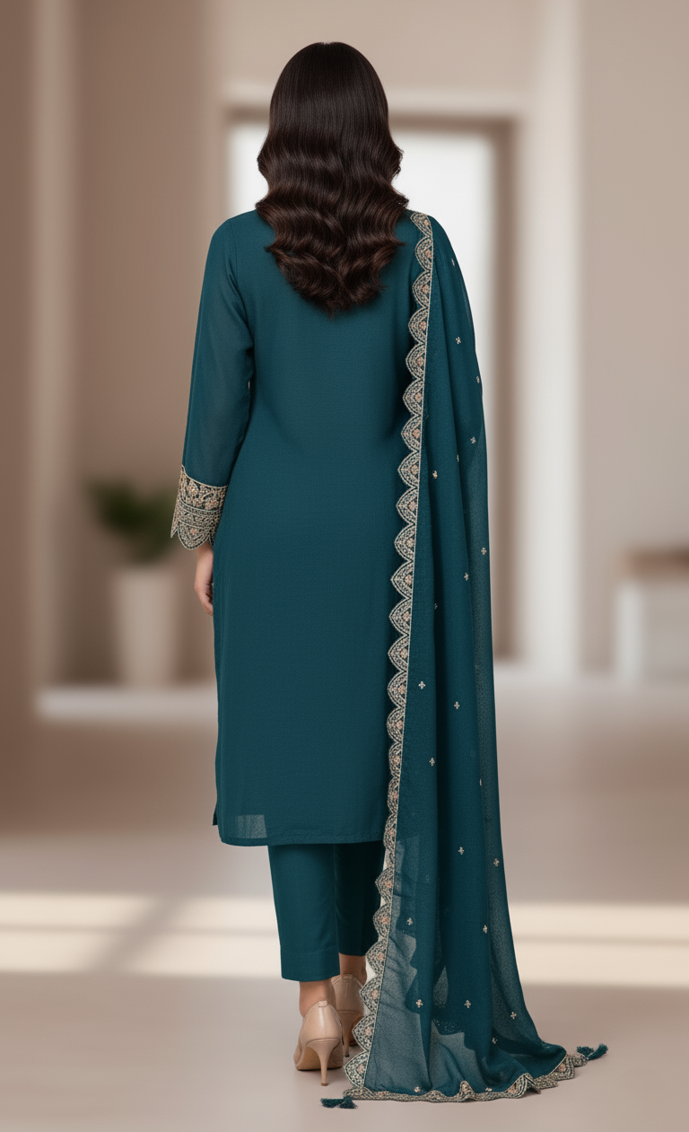 Premium Banarasi Georgette Designer Suit, Heavy Zari Embroidery - Aqua Green
