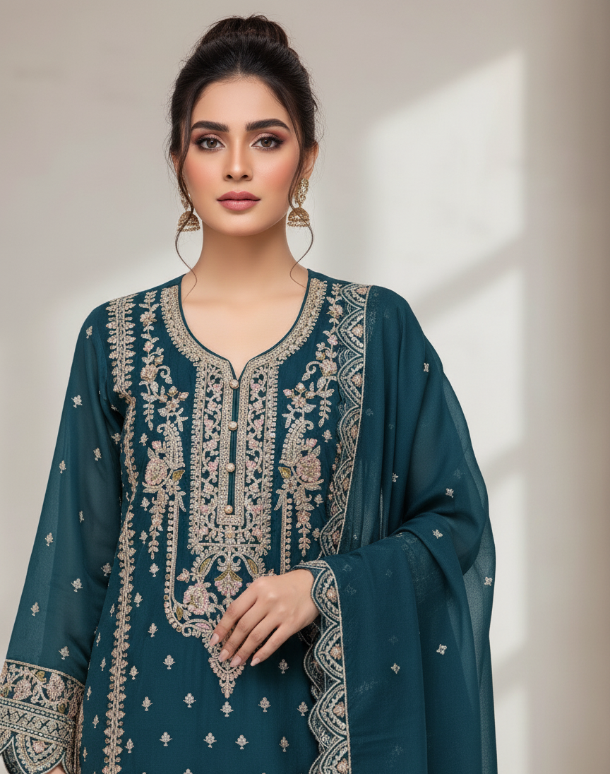 Premium Banarasi Georgette Designer Suit, Heavy Zari Embroidery - Aqua Green