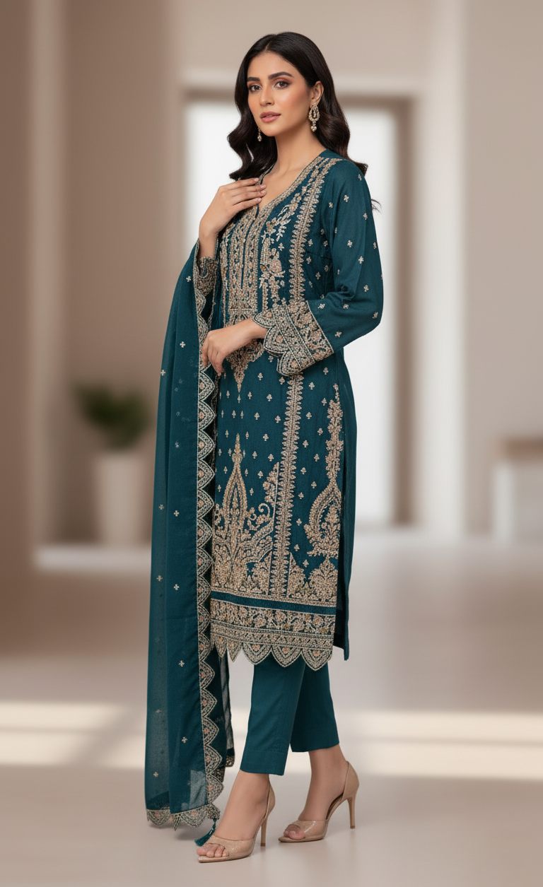 Premium Banarasi Georgette Designer Suit, Heavy Zari Embroidery - Aqua Green