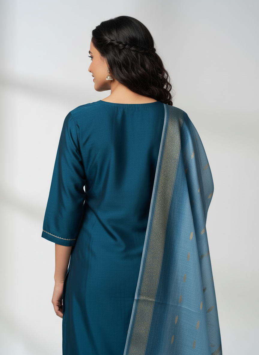 Elegant Embroidered Crepe Silk Suit with Organza Dupatta - Rich Blue