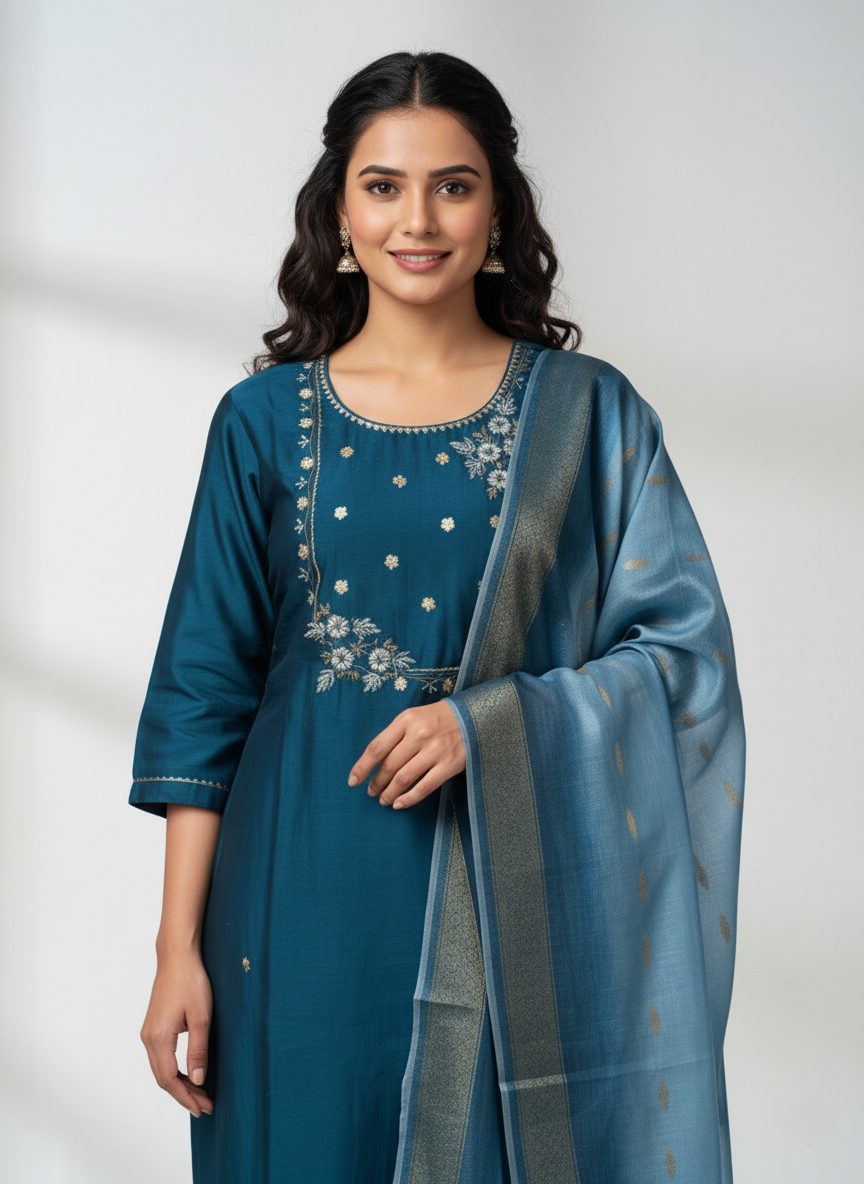 Elegant Embroidered Crepe Silk Suit with Organza Dupatta - Rich Blue