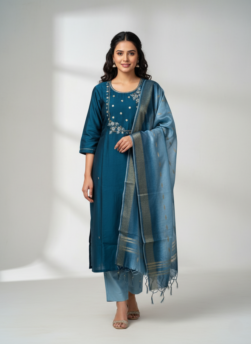 Elegant Embroidered Crepe Silk Suit with Organza Dupatta - Rich Blue