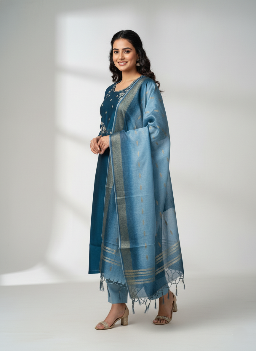Elegant Embroidered Crepe Silk Suit with Organza Dupatta - Rich Blue