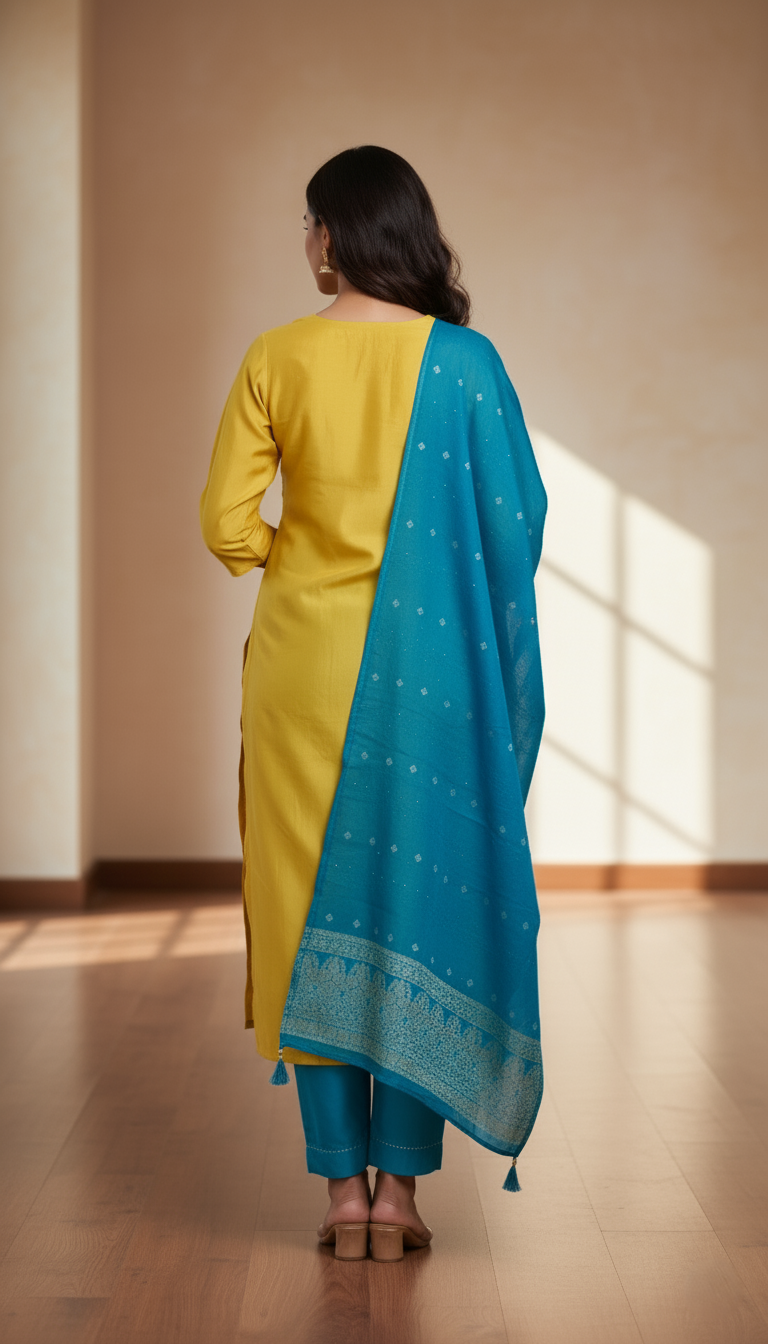 Kanchi Silk Designer Suit with Banarasi Dupatta - Mustard Yellow