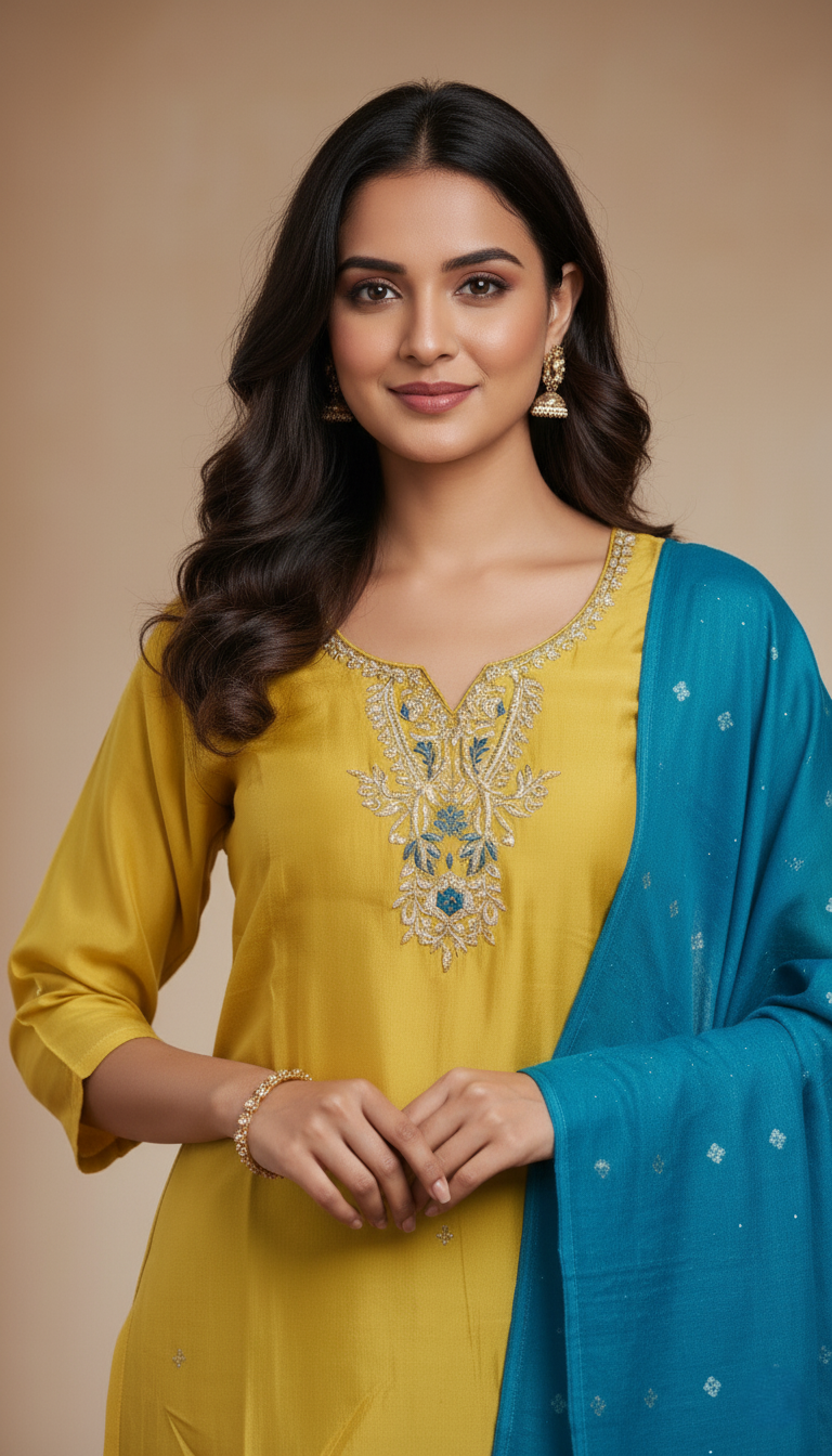 Kanchi Silk Designer Suit with Banarasi Dupatta - Mustard Yellow